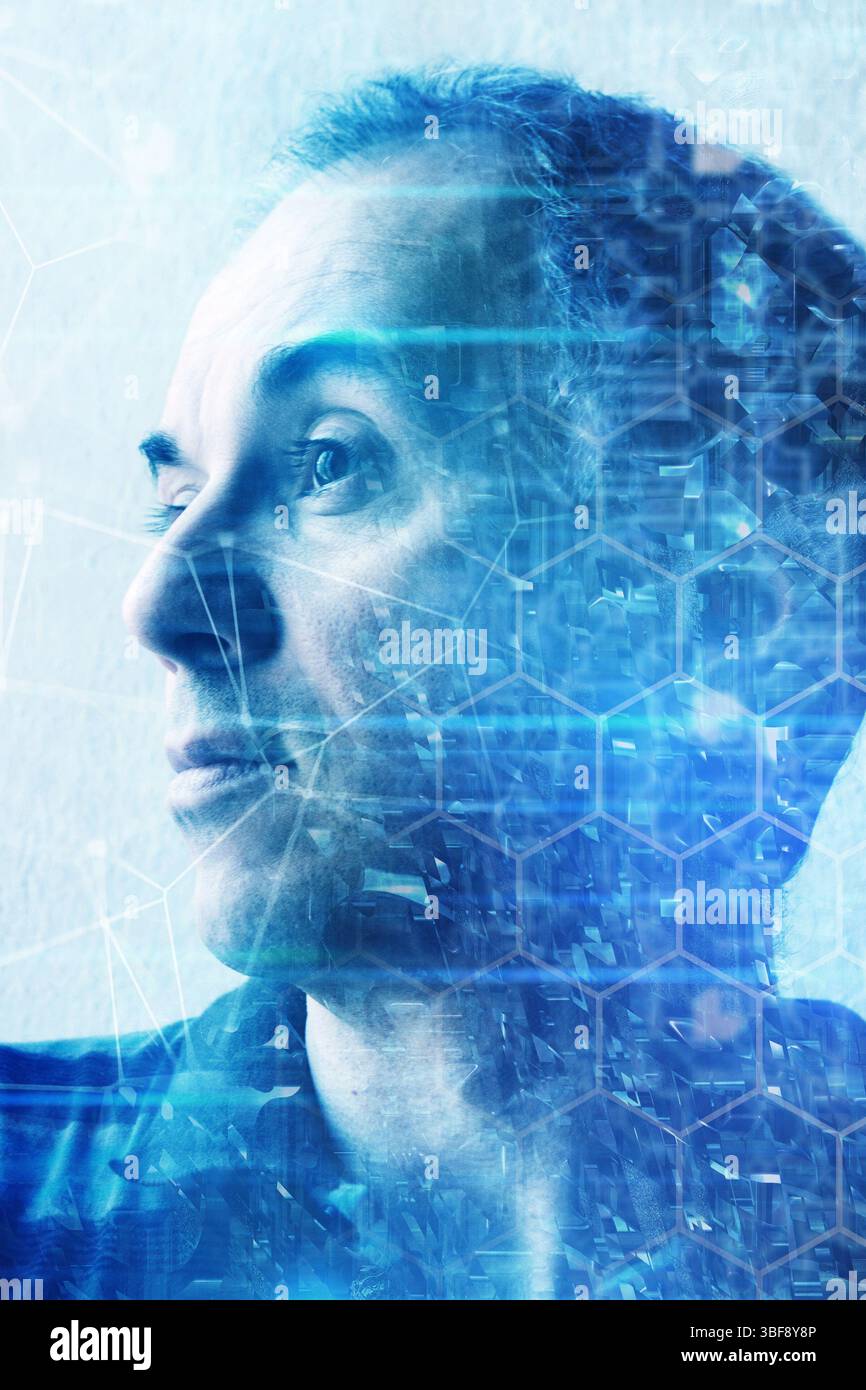 Futuristische Illustration eines Mannes, der auf eine neue Ära des Fortschritts und der Innovation blickt Stockfoto