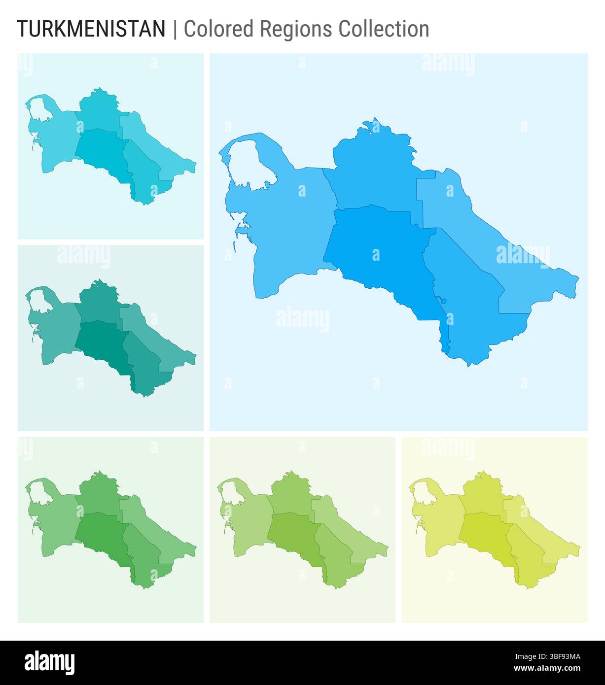 Kartensammlung Turkmenistan. Länderform mit farbigen Regionen. Hellblau, Cyan, Teal, Grün, Hellgrün, Farbpaletten in Limettenfarben. Stock Vektor
