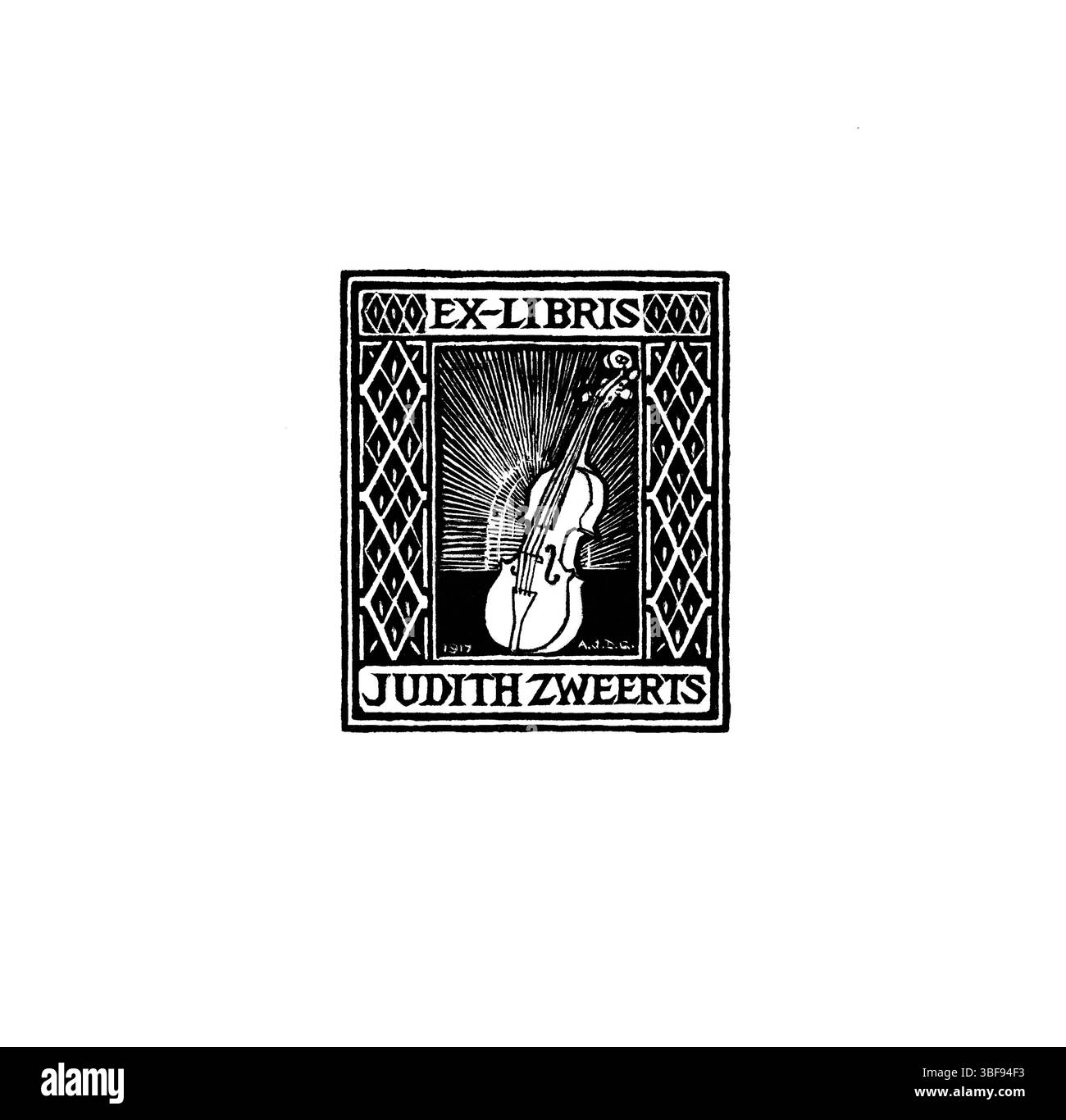 Ex Libris Design für Judith Zweerts von Julie de Graag, 1917. Holzschnitt, minimalistischer Schwarzweiß-Bookplate, öffentlich zugänglich. Stockfoto