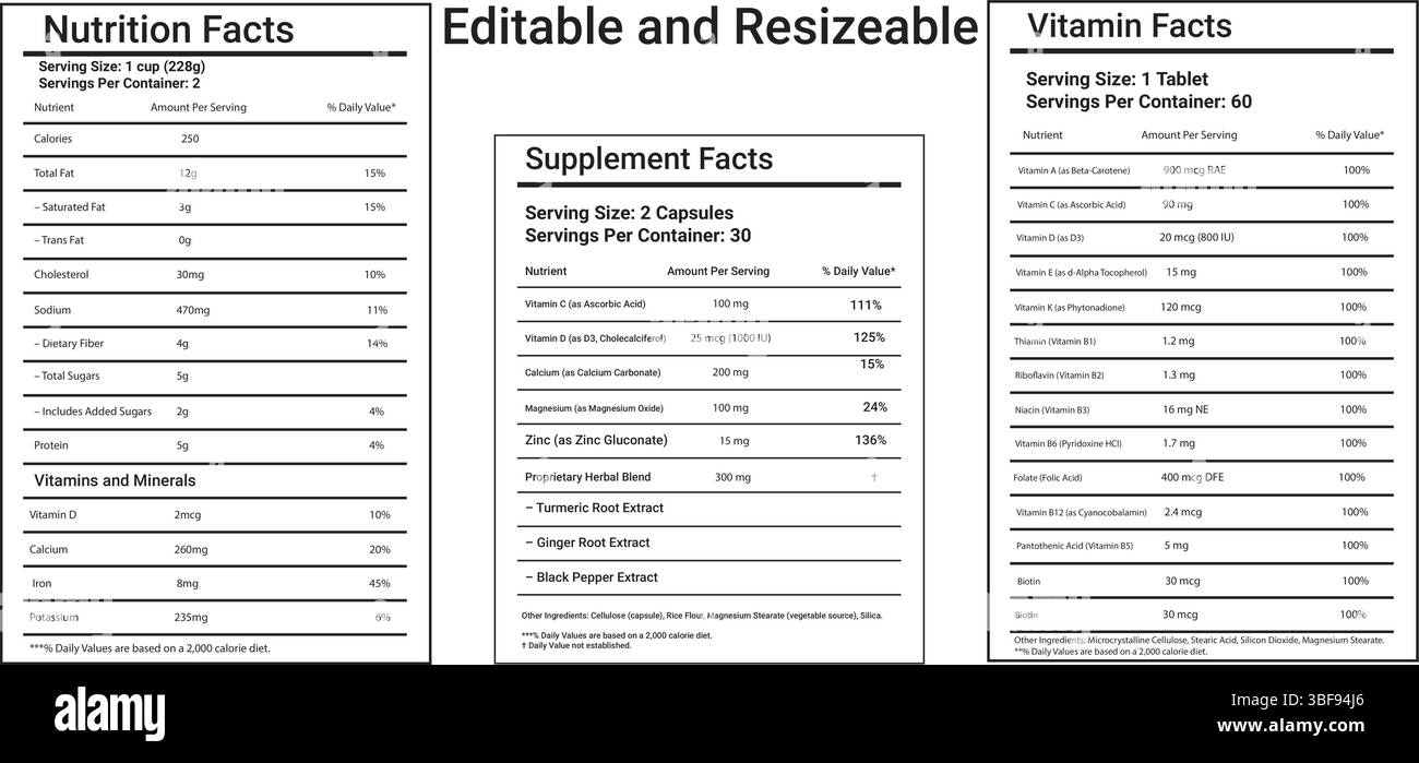 Editierbare und skalierbare Etiketten für Ernährung, Nahrungsergänzungsmittel und Vitamin-Fakten, ideal für Produktverpackungsdesign, Gesundheit Supplement Branding Stock Vektor