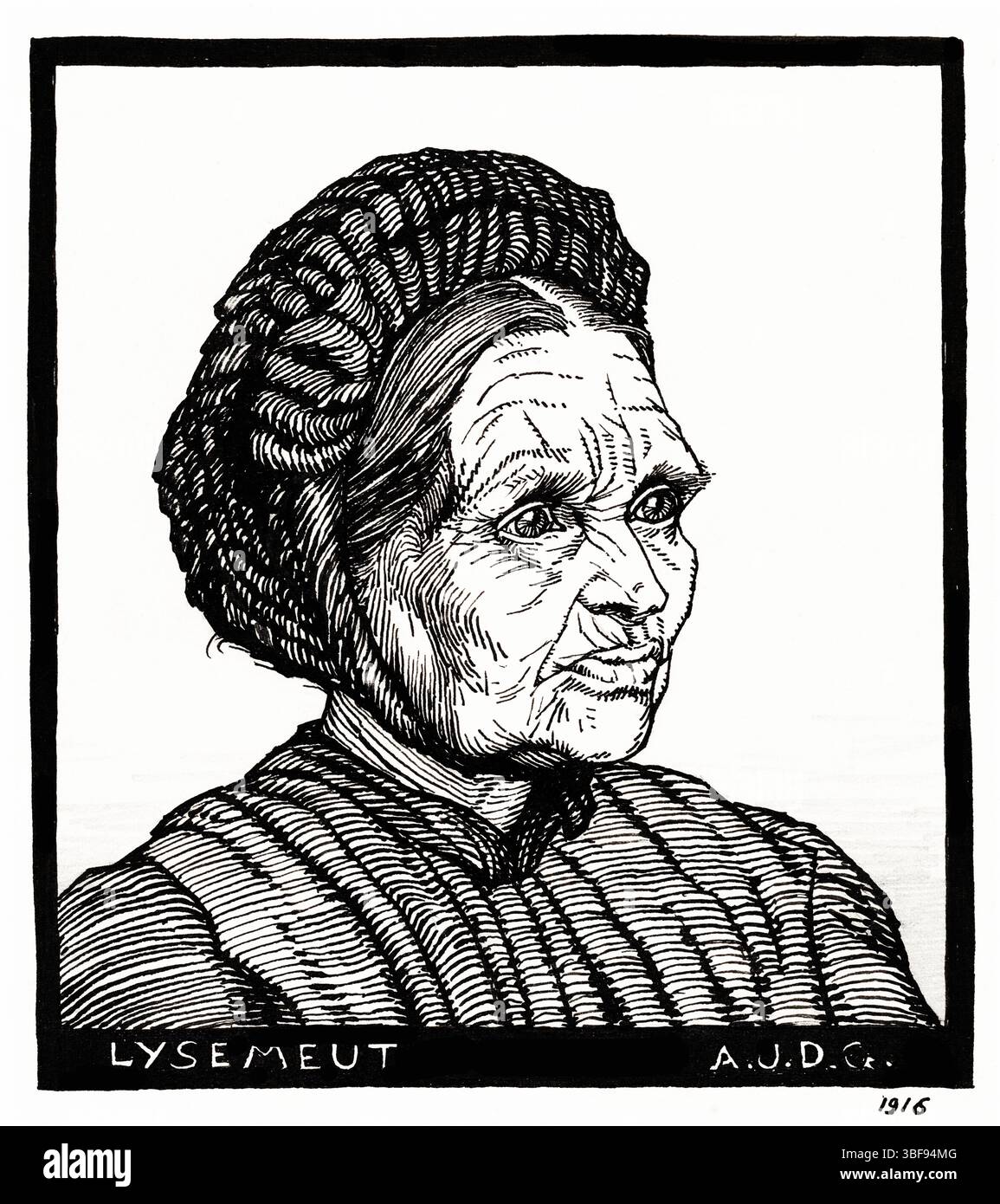 Getreue Reproduktion von Julie de Graags Lysemeut-Porträt von 1916. Gemeinfreie Tintenzeichnung aus dem Gemeentemuseum. High-Resolution für Bücher, Dekor, editori Stockfoto