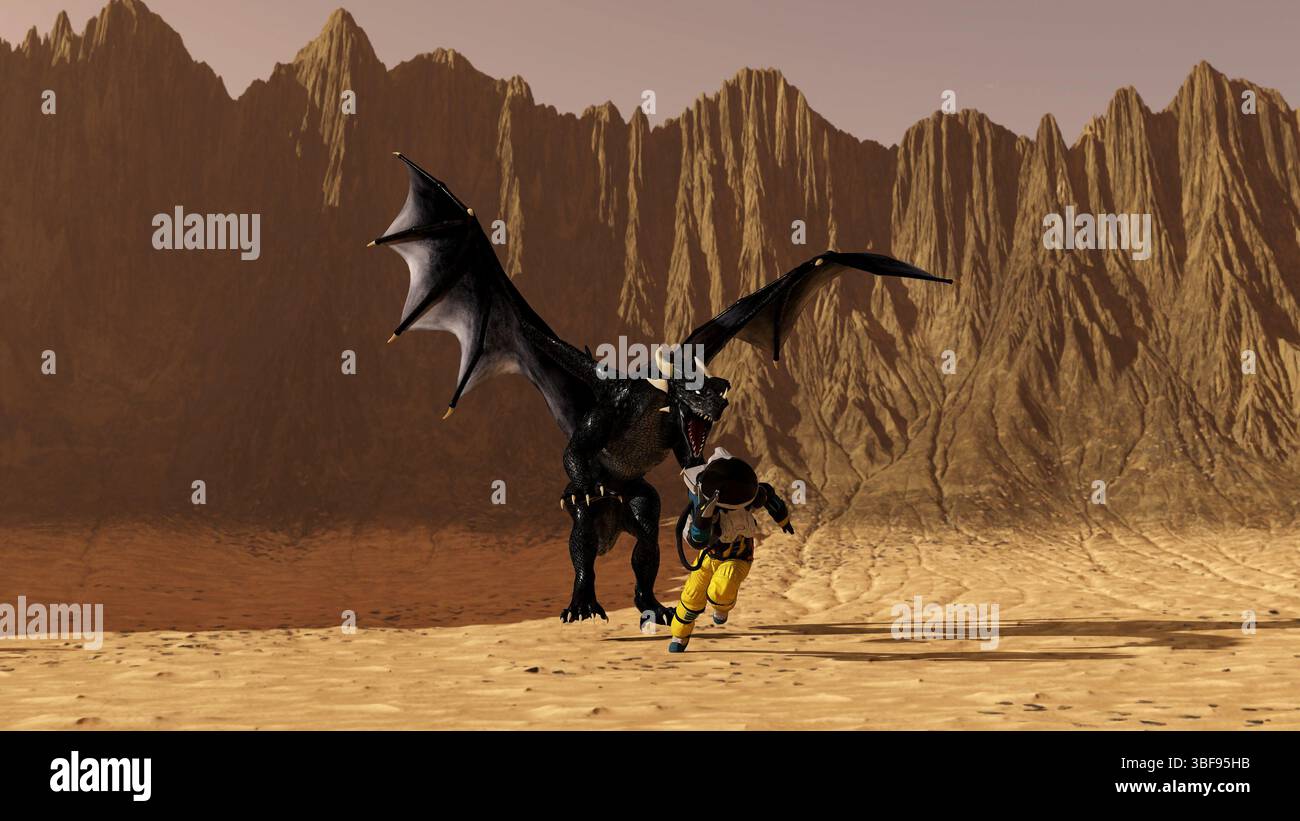 3D-Illustration einer Astronautin, die auf einer sandigen, flachen Oberfläche läuft und versucht, einem fliegenden schwarzen Drachen zu entkommen. Stockfoto