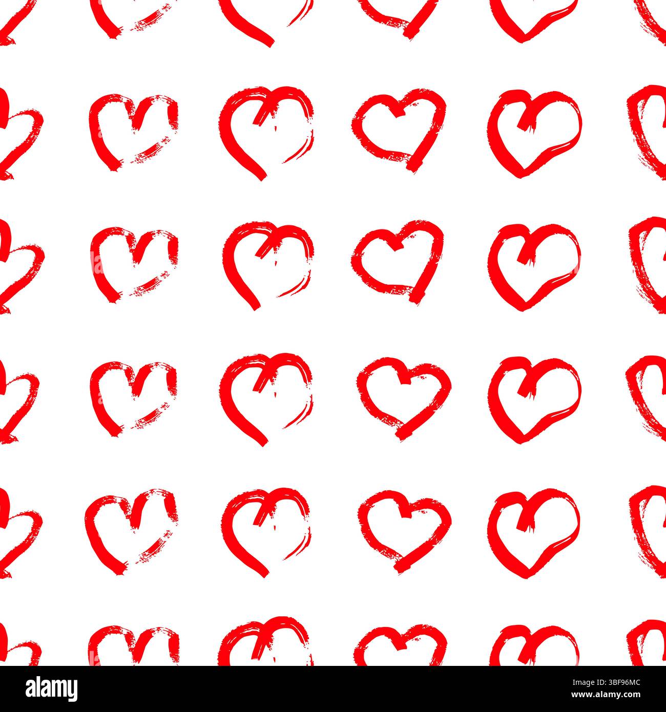 Nahtloses Muster mit handgezeichneten Herzen. Rote Herzen auf weißem Hintergrund mit Doodle Grunge. Vektorabbildung. Stock Vektor