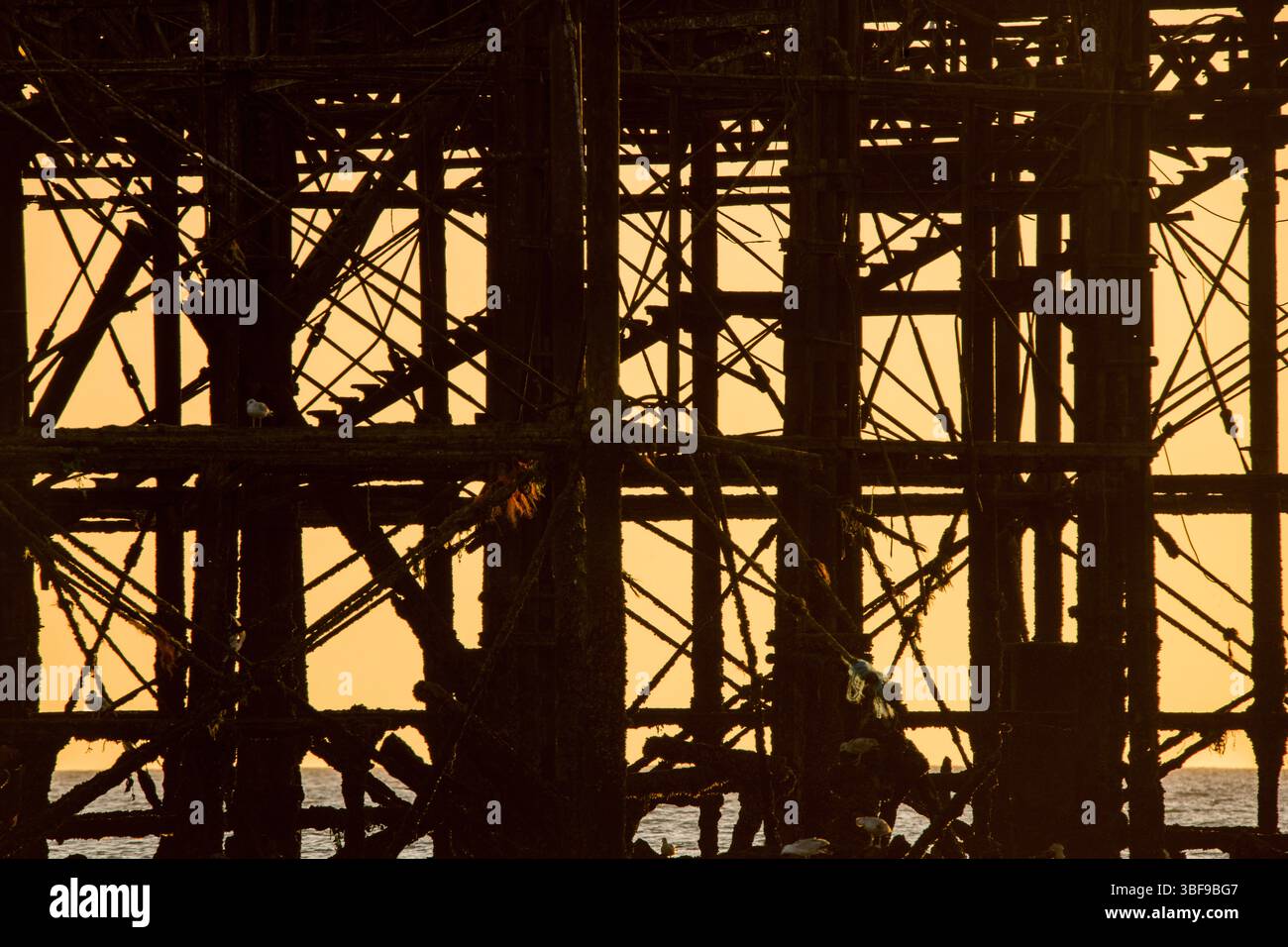 Details der rostenden Überreste von Brightons verfallenem West Pier. Aufgenommen in der Abenddämmerung. Brighton, England, Großbritannien. Der Pier, der 1866 eröffnet und 1975 geschlossen wurde, ist heute noch unter dem 1. Grades gelistet und ein bekanntes Wahrzeichen. Stockfoto