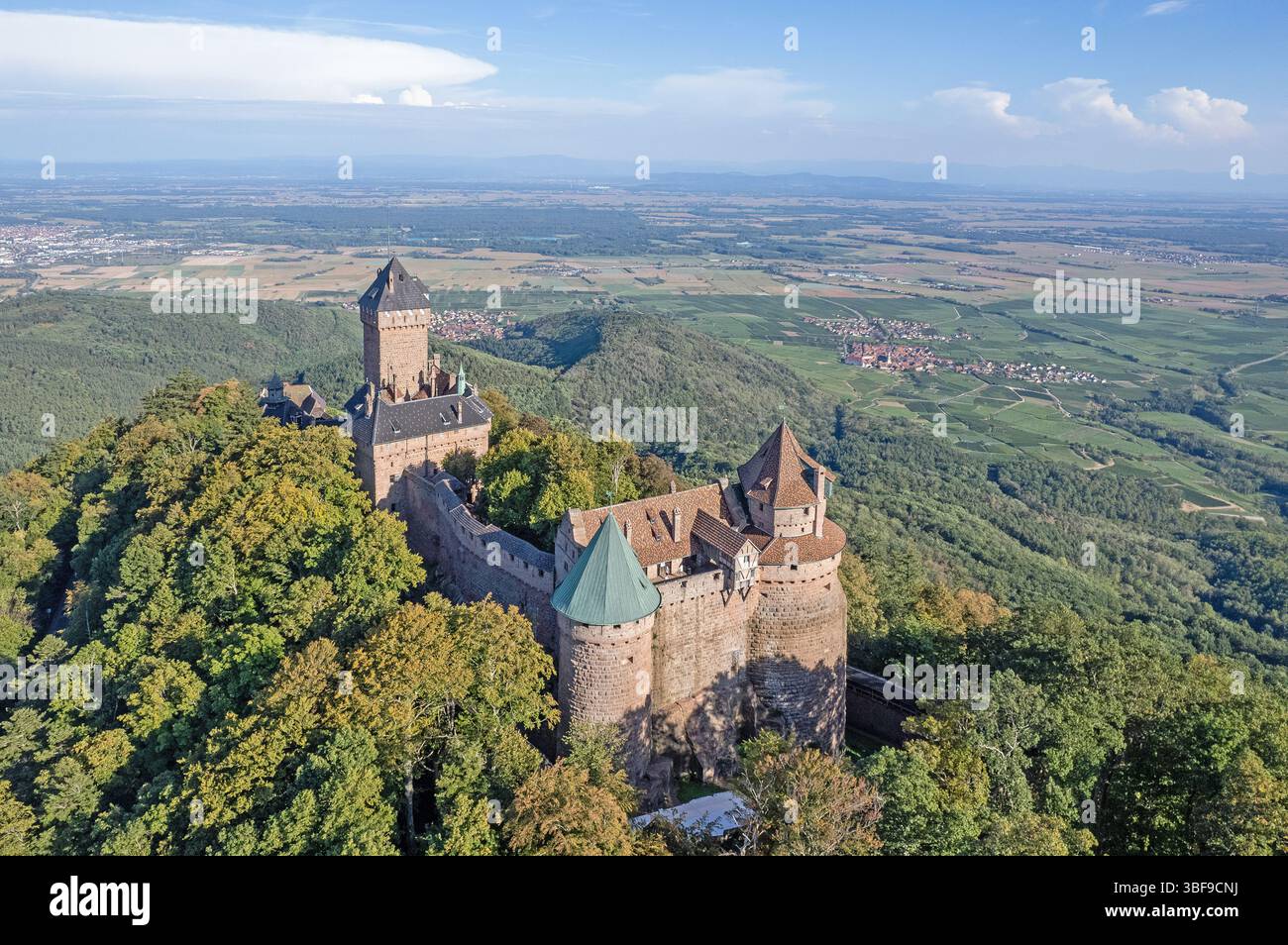 Frankreich, Unterrhein (67)), Route des vins d'Alsace, Orschwiller, Château du haut Koenigsbourg sur les contreforts vosgiens et surplombant la plaine d'als Stockfoto