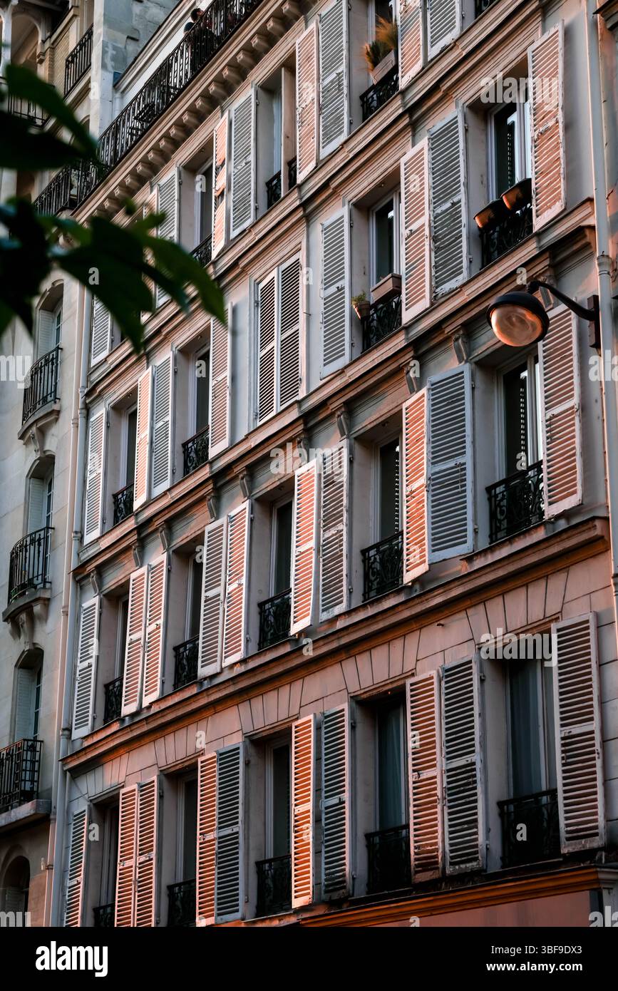 Klassisches Pariser Gebäude mit Fensterreihen, Fensterläden und Balkonen Stockfoto