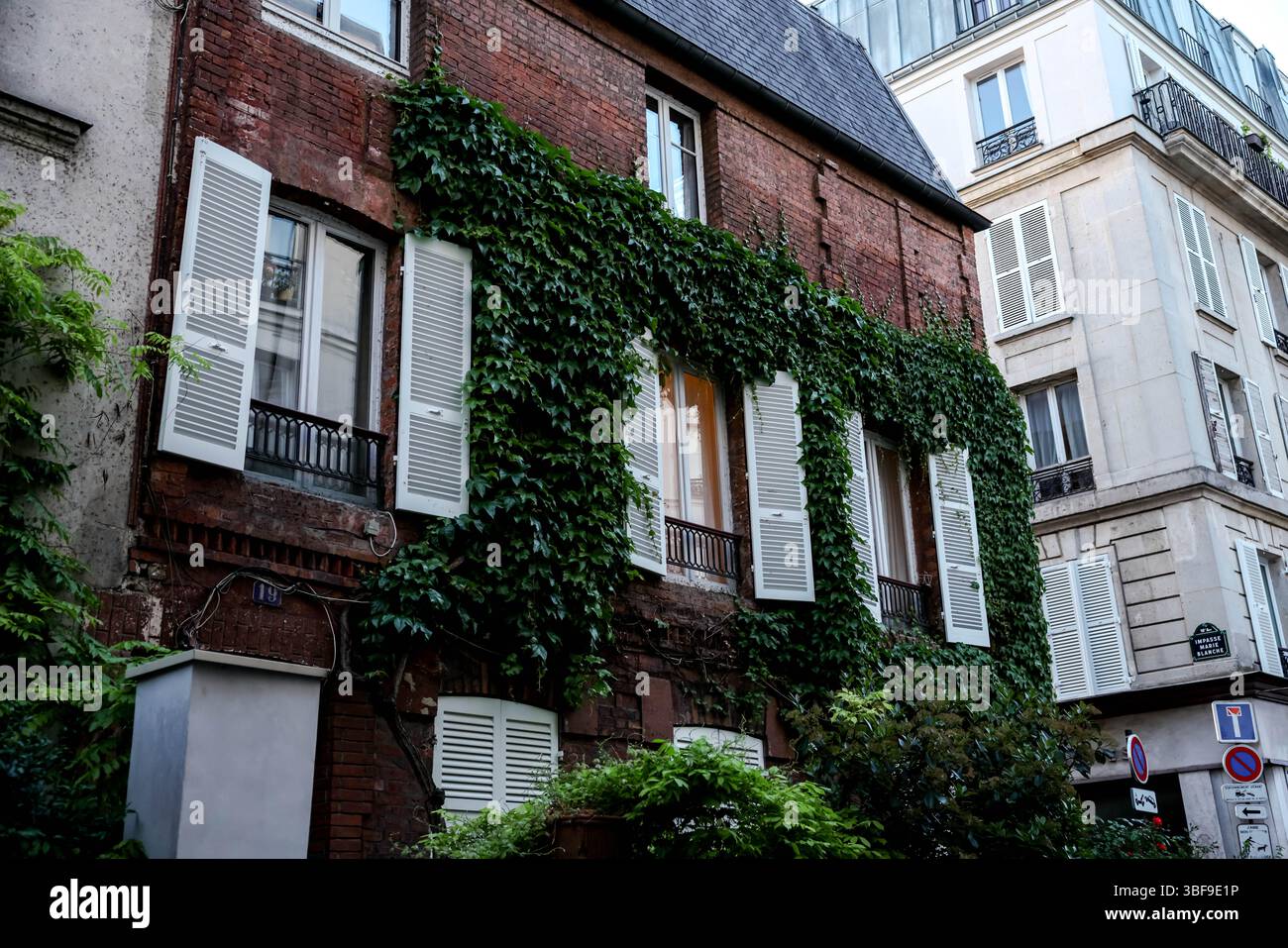 Malerischer Blick auf eine alte Pariser Gebäudefassade, möglicherweise aus Backstein, umgeben von lebhaftem grünem Efeu, mit traditionellen Fenstern Stockfoto