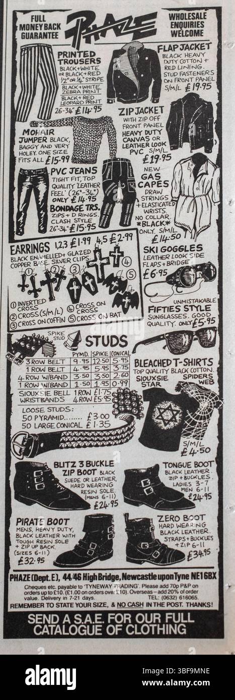 Werbespot aus den 1980er Jahren NME New Musical Express Music Paper für Phaze Fashion Clothing Stockfoto