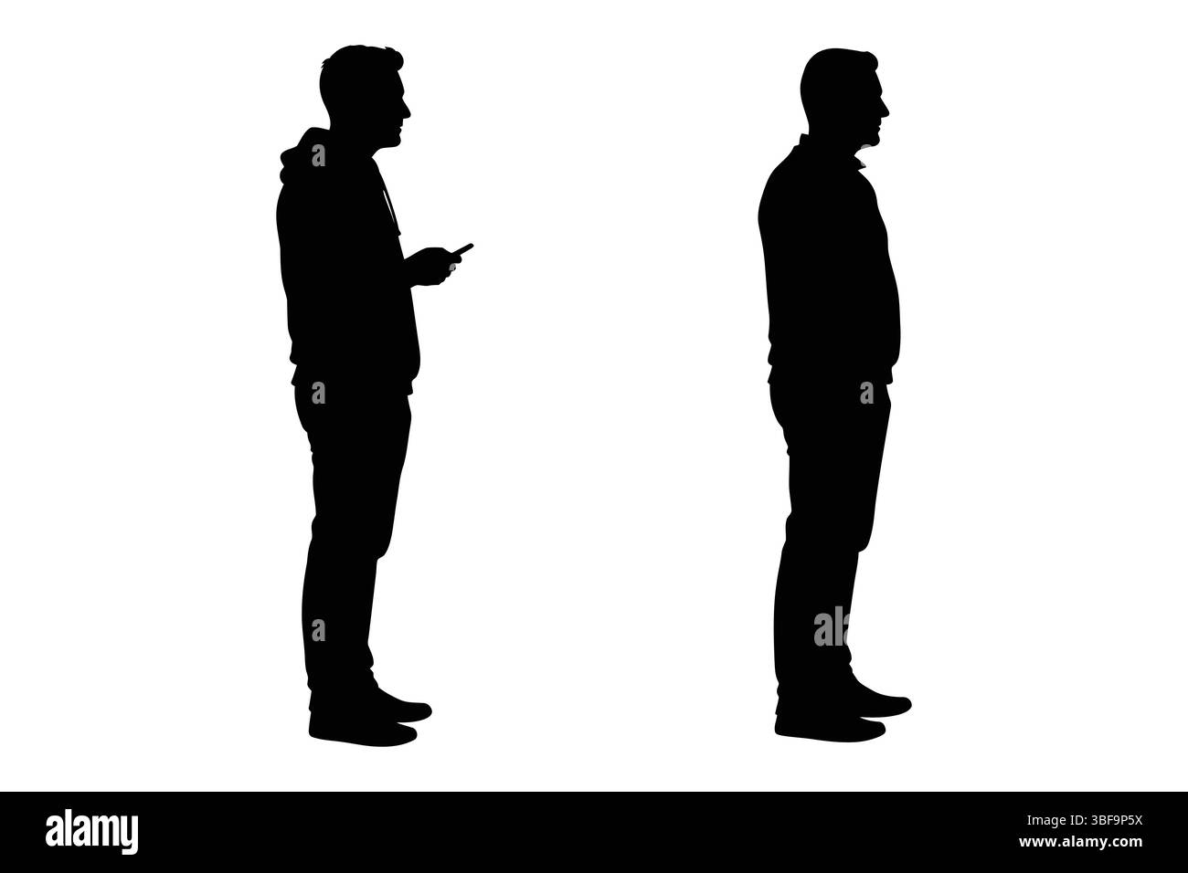 Silhouette von zwei Männern, die nebeneinander im Profil stehen, im Ganzkörperlook Stock Vektor