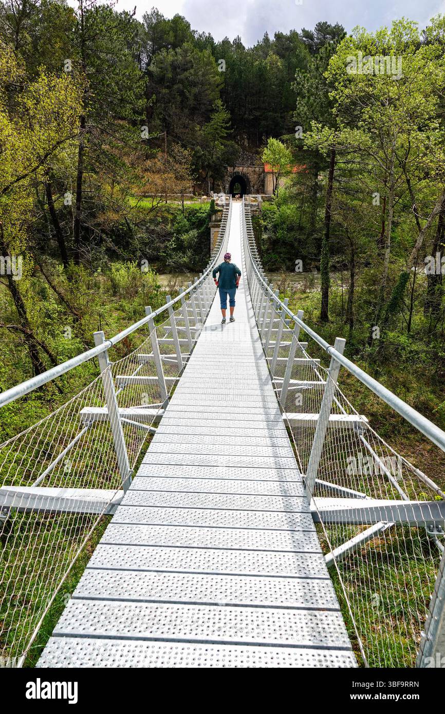 Wandererin auf Aluminiumbrücke auf Radweg, alte Eisenbahnlinie, Buis les Barronies, Frankreich, Südfrankreich, Französisch, Südfrankreich, Südfrankreich Stockfoto