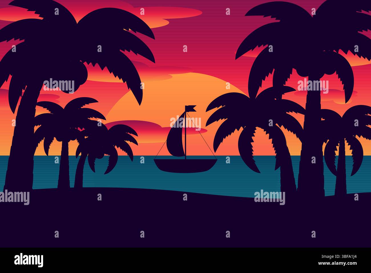 Tropischer Sommer Strand Sonnenuntergang Vektor Illustration mit Segelboot und Palmen Silhouette auf Ozeanhorizont in lebhaften orange und lila Tönen. Für summ Stock Vektor