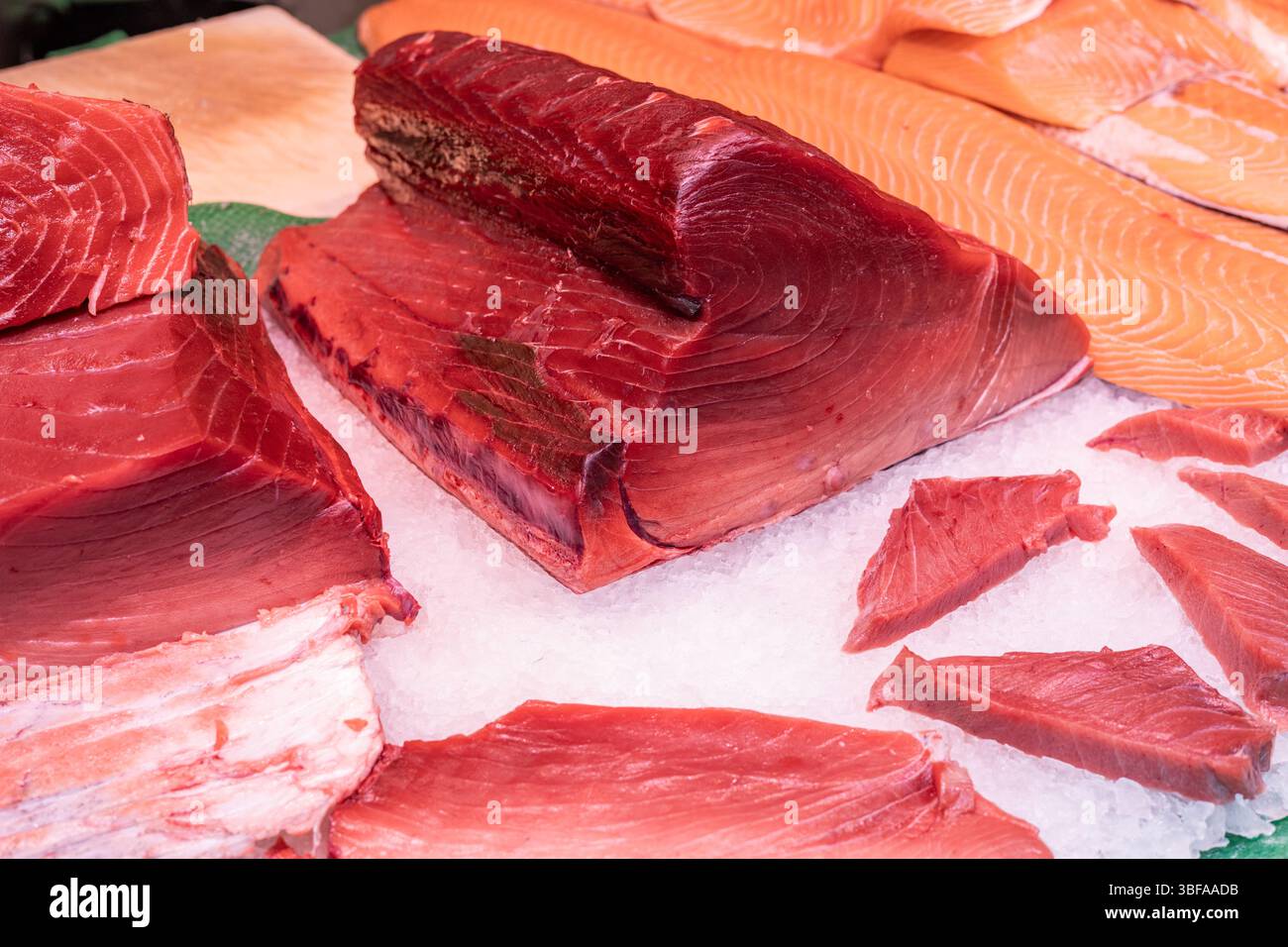 Frisch gefangener Thunfisch auf dem Markt. Fischfilet, gesundes Essen. Quelle der Omega-3-Säuren. Schöner Körper und Fischstücke direkt in die Pfanne Stockfoto