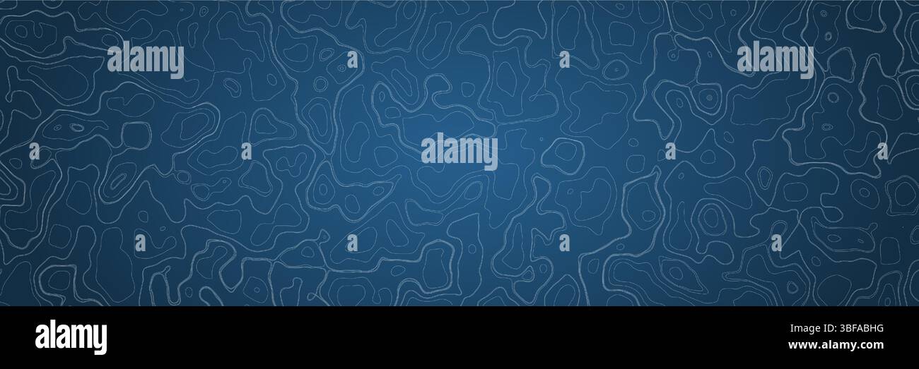 Detailliertes topografisches Muster auf dunkelblauem Hintergrund mit Wellenlinien und Konturen Stock Vektor