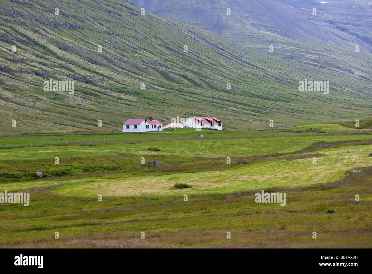 Isländische Naturlandschaft mit Bergen und Wohnungen. Horizontalen Schuss Stockfoto
