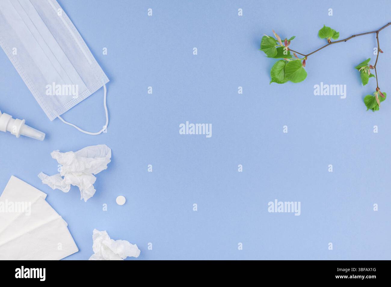 Kreative flach Konzept der saisonale Frühling Pollenallergie mit Servietten, Pillen, Gesichtsmaske, Tropfen in eine Flasche und frisches Grün sprießt mit Knospen. kopieren Stockfoto