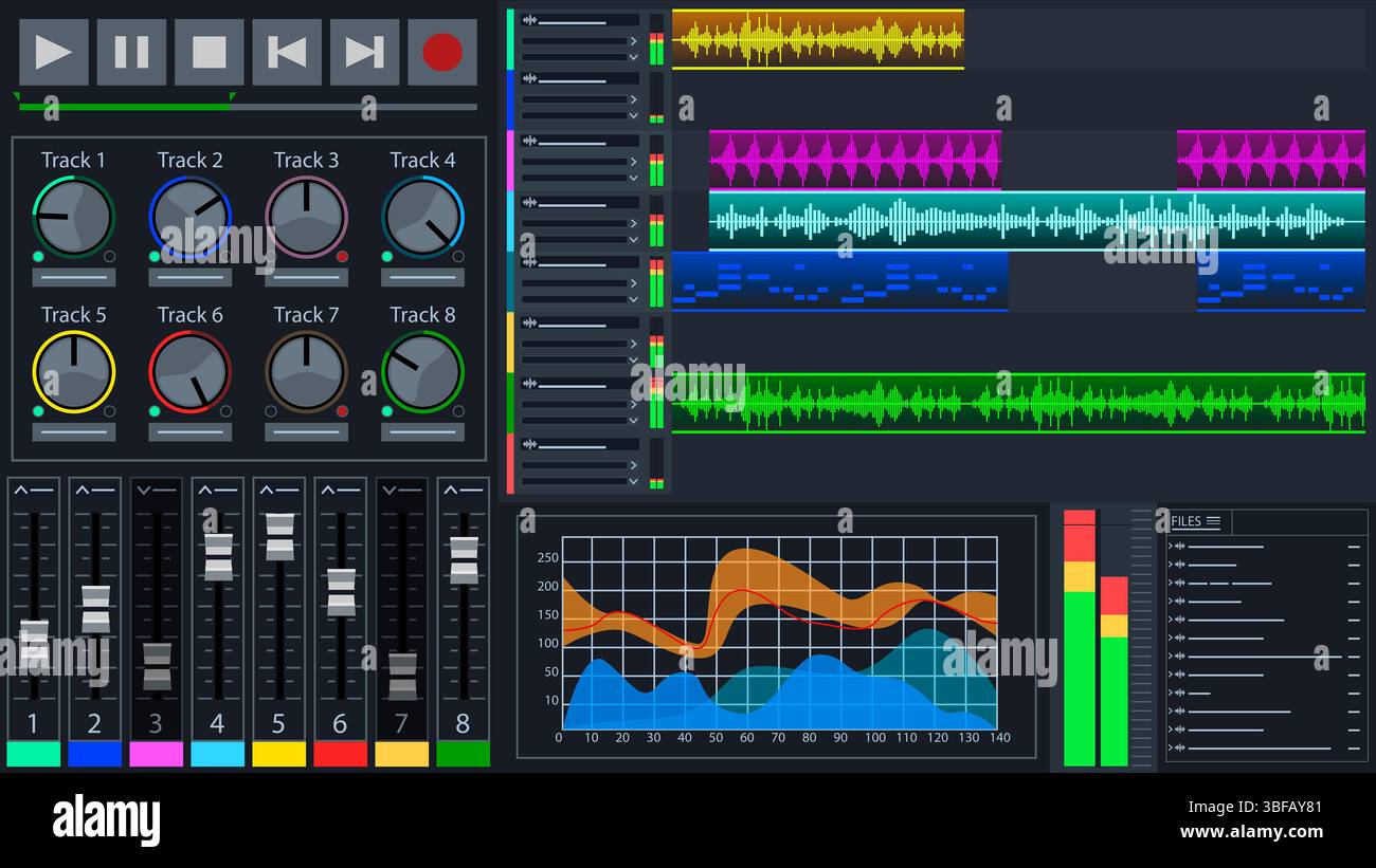 Schnittstelle für digitale Audio-Workstation. Musikproduktions- und Bearbeitungssoftware Stockfoto