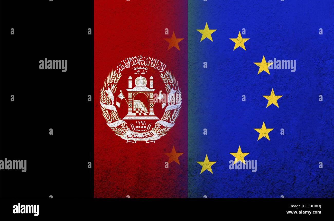 Flagge der Europäischen Union mit Nationalflagge der Islamischen Republik Afghanistan. Grungen Hintergrund Stockfoto