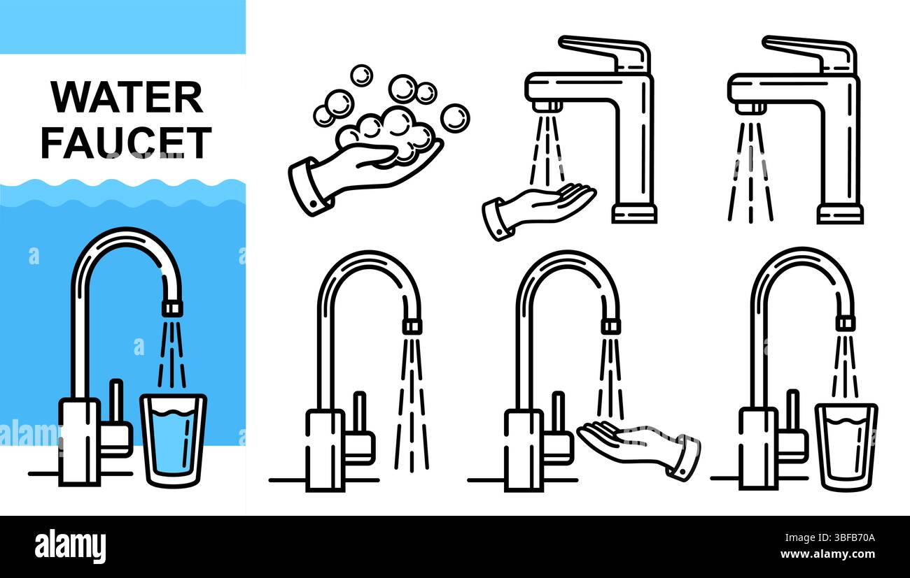 Wasserhahn, Wasserhahn Rohr Küchenspüle, Waschhand oder Trinkglas, Hautpflege Hygiene Reinigung. Badezimmer Sanitär Sanitär Ausrüstung Linie Symbolsatz Stock Vektor