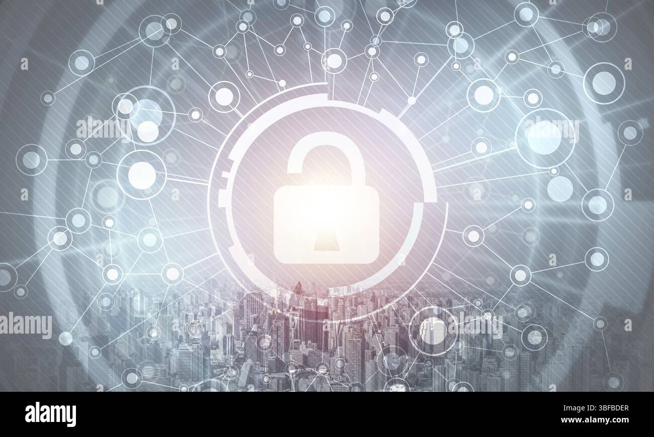 Cybersecurity mixed Media mit virtuellen Verriegelung Schloss auf dem Stadtbild Hintergrund. Datenschutz. Schutz persönlicher Daten und der Privatsphäre von cybera Stockfoto