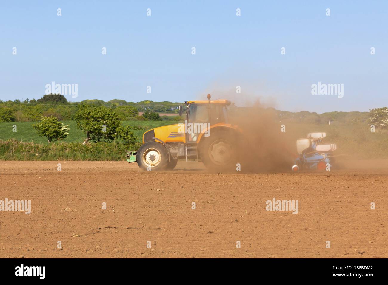 Landwirtschaft - Traktor mit Plowes auf das Frühjahr Feld in Staubwolke Stockfoto