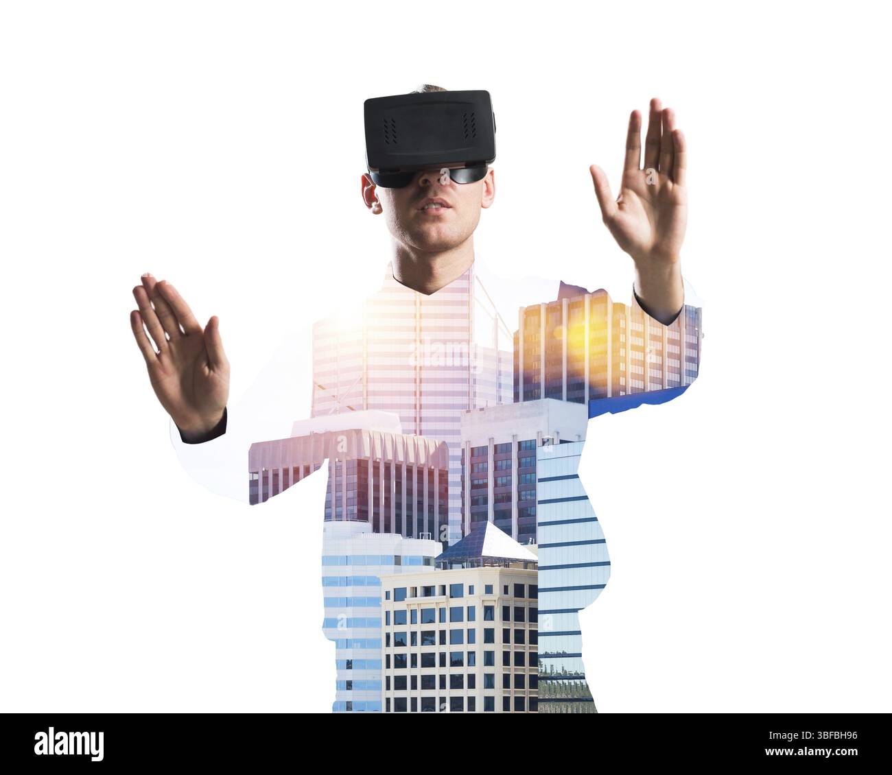 Junger Mann mit virtual-Reality-Kopfhörer oder 3d Brille über Stadtbild Hintergrund Stockfoto
