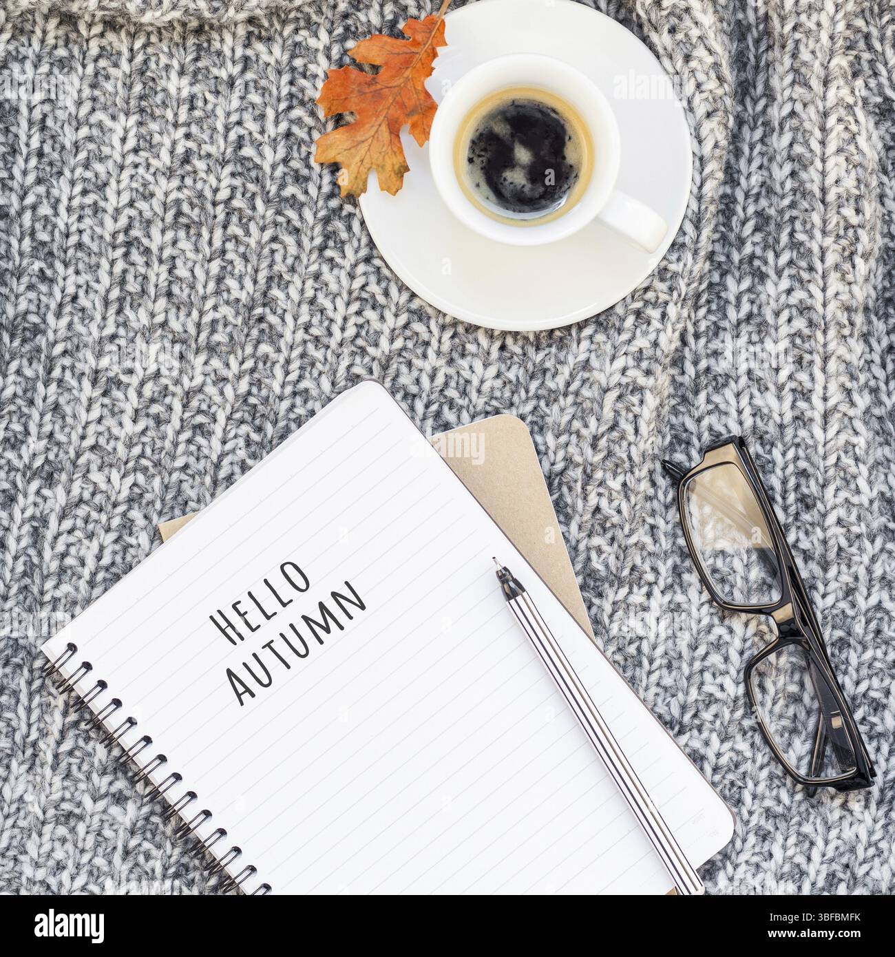 Kreative square Herbst flach overhead Draufsicht stilvolle Home Arbeitsbereich mit Notebook Kaffee Tasse gemütlichen grau gestrickt plaid Background Copy space. Fallen Stockfoto