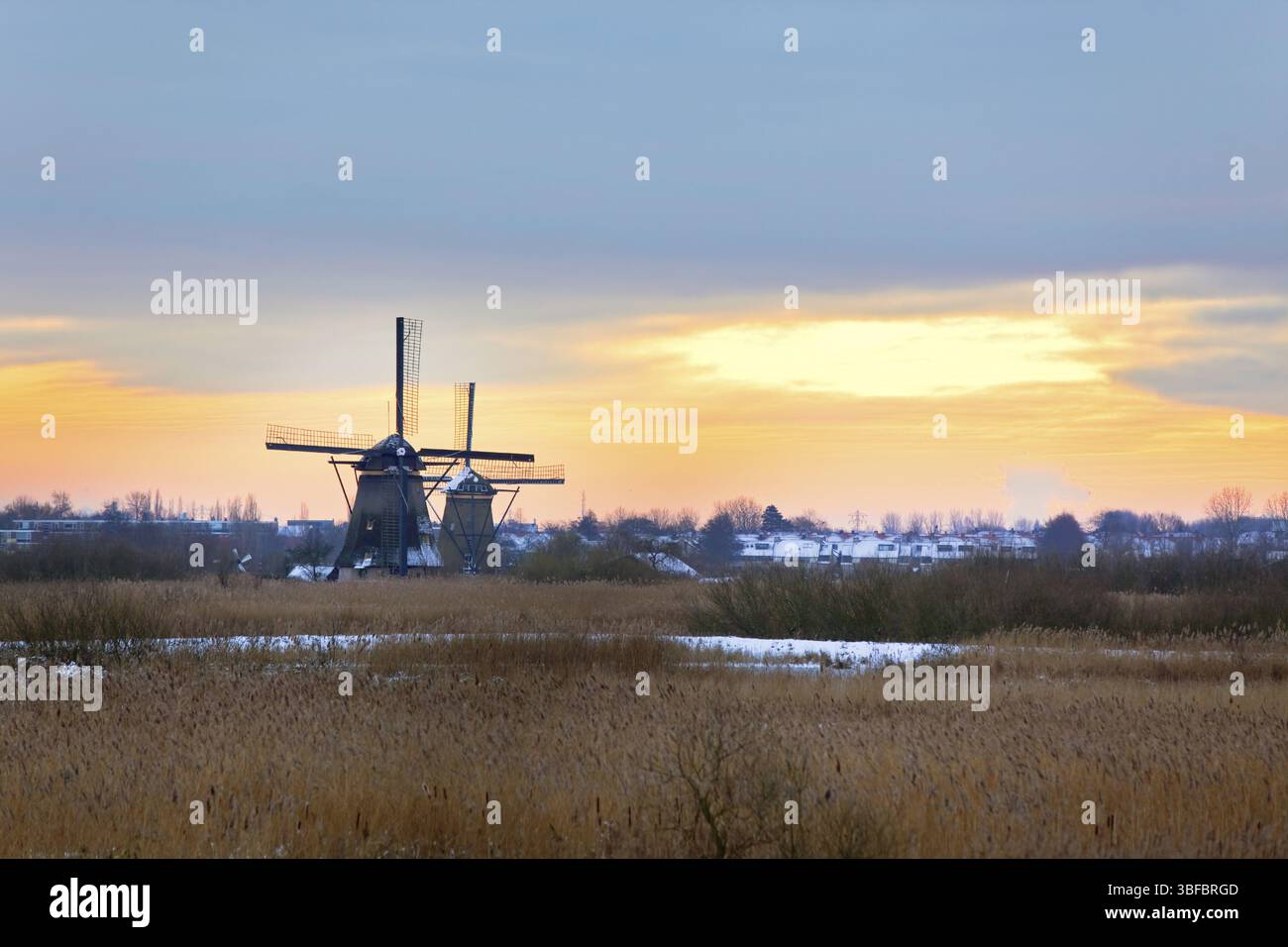 Kinderdijk-Landschaft mit Windmühlen im Winter. Horizontalen Schuss Stockfoto