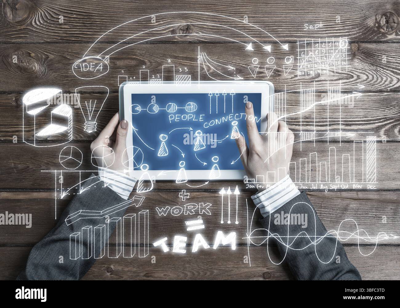 Konzept der Business Strategie und Planung mit Tablette auf hölzernen Tisch Stockfoto