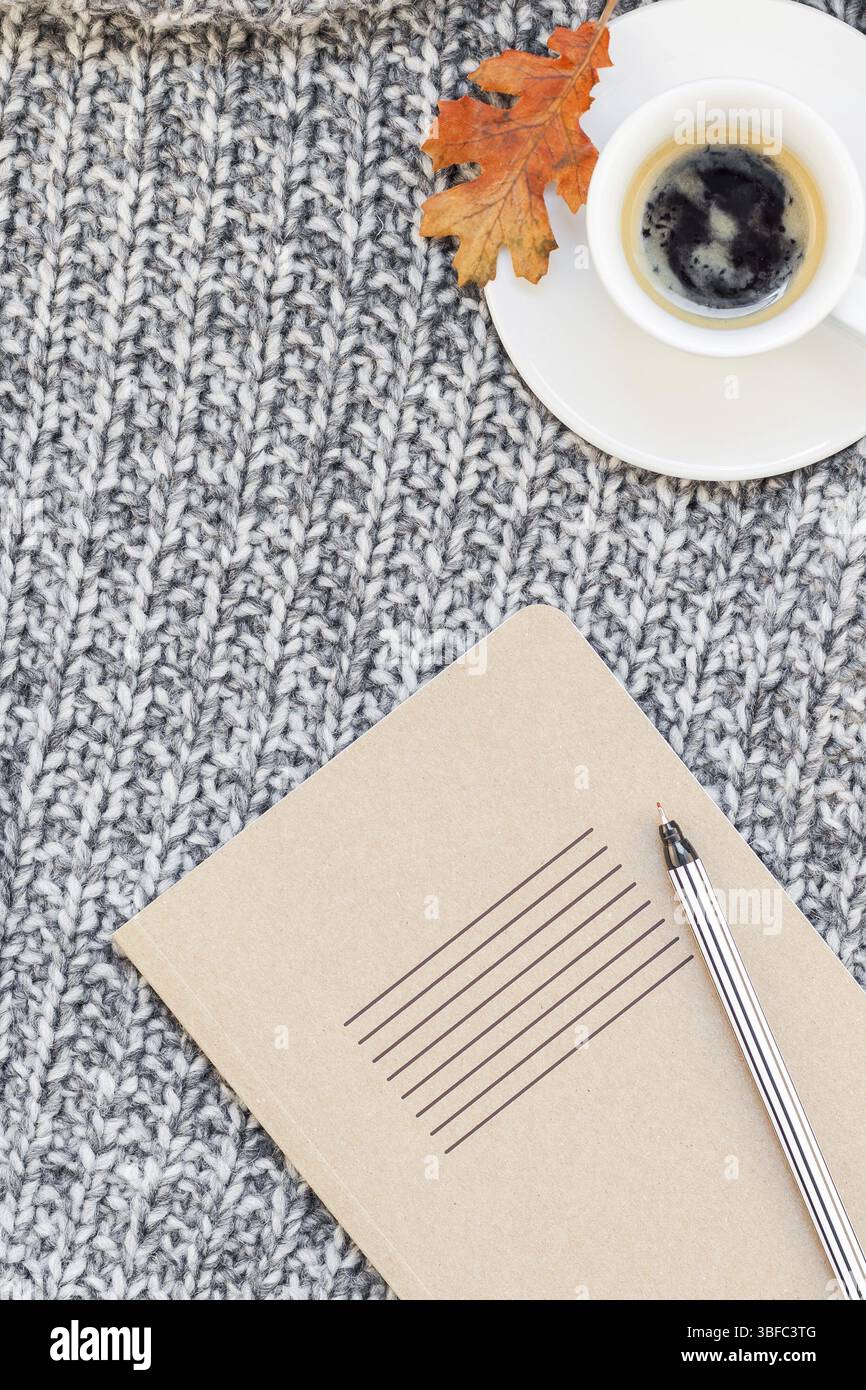 Kreative Herbst flach overhead Draufsicht stilvolle Home Arbeitsbereich mit Notebook Kaffee Tasse gemütlichen grau gestrickt plaid Background Copy space. Herbst Stockfoto