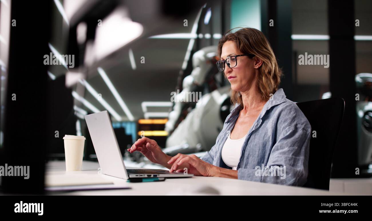 Future Office: AI-Berater und humanoide Roboter ersetzen Arbeitskräfte. Stockfoto