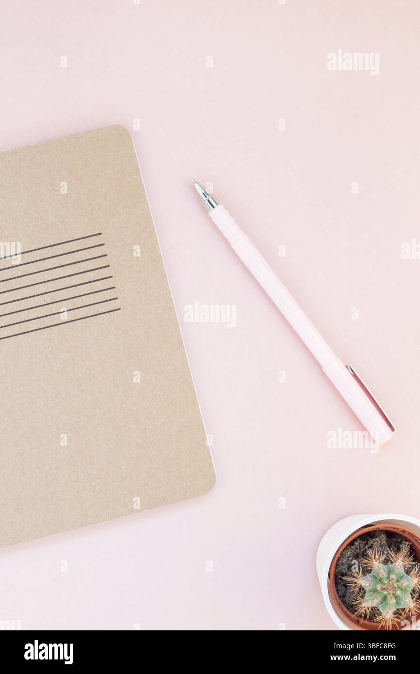 Ansicht von oben flach von Arbeitsbereich Schreibtisch gestalteten Design Büromaterial und Kakteen Sukkulenten mit Kopie Raum tausendjährigen rosa Farbe Papier Hintergrund minderen Stockfoto