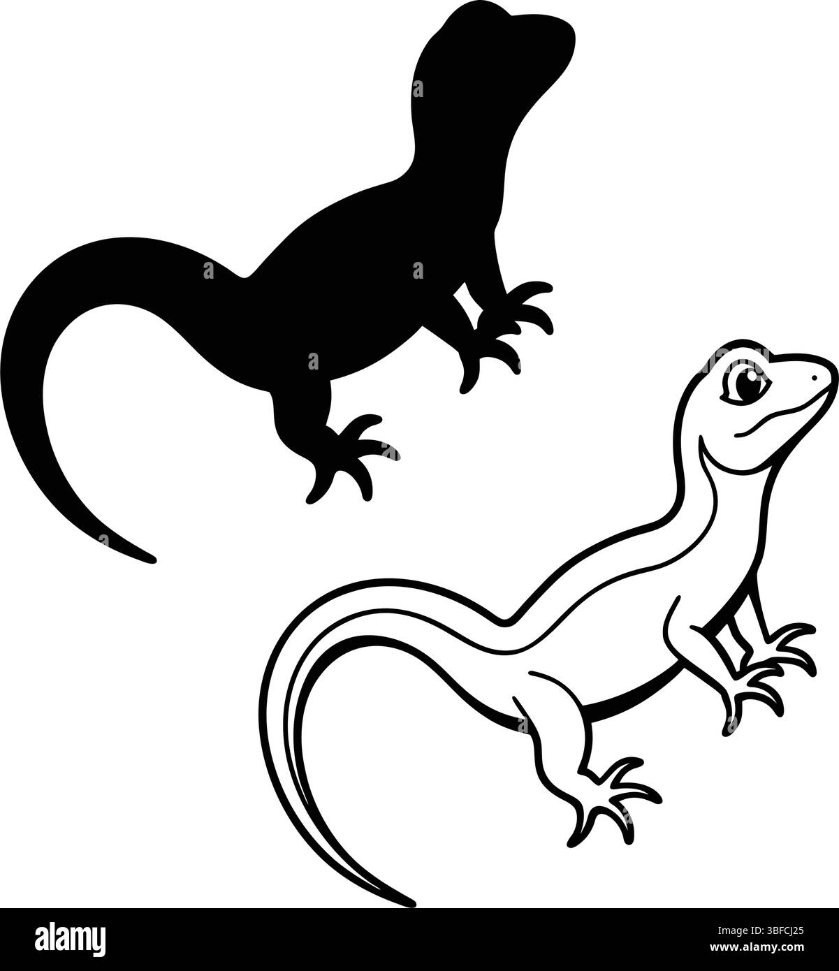 Silhouette und Linienkunst einer kleinen Echse auf weißem Hintergrund Stock Vektor
