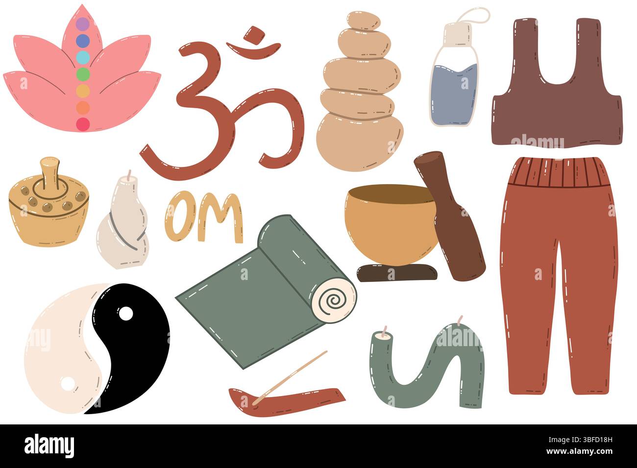 Yoga- und Meditationsausrüstung mit Chakra- und Entspannungssymbolen Stock Vektor