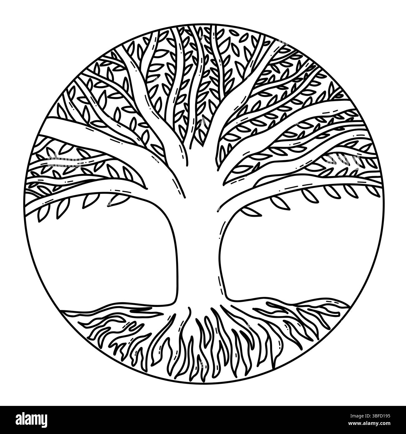 Komplizierter Lebensbaum Yoga Entwerfen in einem Kreis mit Wurzeln und Zweigen Illustration Stock Vektor