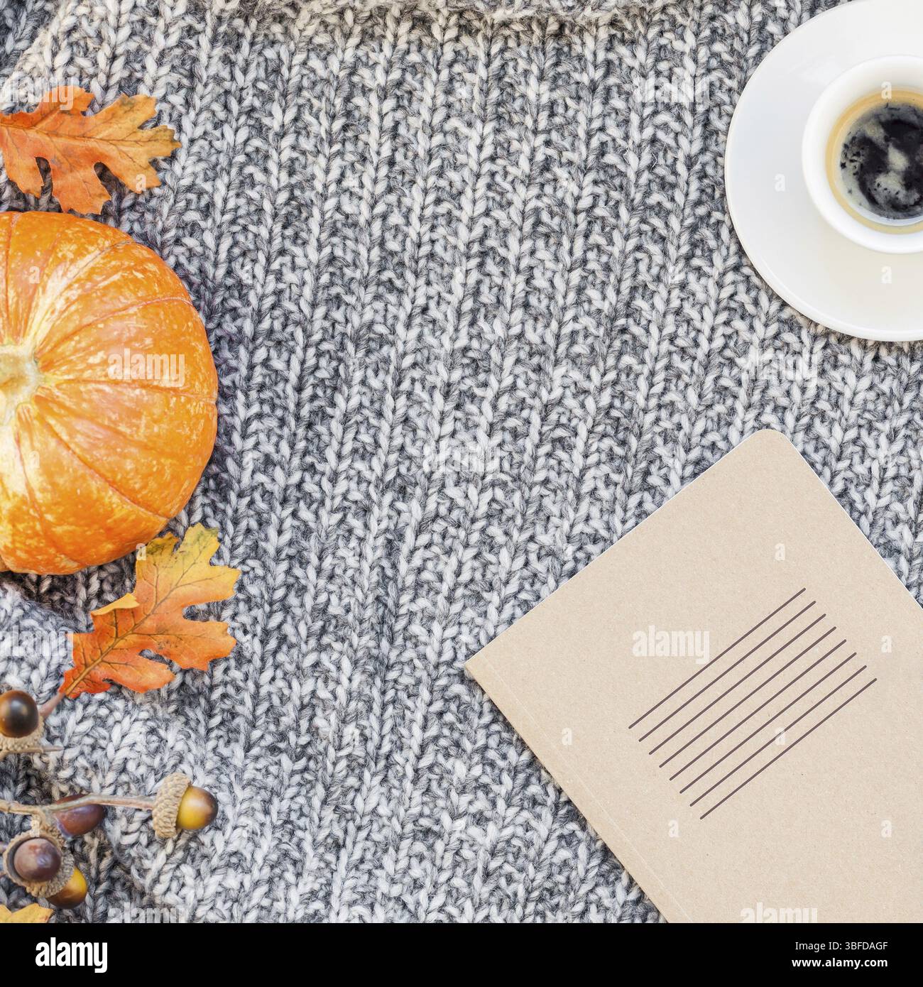 Kreative square Herbst flach overhead Draufsicht stilvolle Home Arbeitsbereich mit Notebook Kaffee Tasse gemütlichen grau gestrickt plaid Background Copy space. Fallen Stockfoto