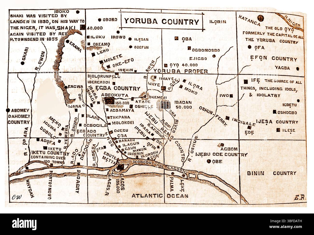 Eine alte Landkarte von Yoruba Country (Yorubaland oder Ilẹ̀ Káàárọ̀-Oòjíire) aus dem Jahr 1870, ein Gebiet, das heute von Teilen Nigerias, Togos und Benins bedeckt ist. Es ist die traditionelle Kulturregion und Heimat der Yoruba in Westafrika. Sie erstreckt sich über die heutigen Länder Nigeria, Togo und Benin. Es wurde in der viktorianischen Zeit als „die Quelle aller Dinge, einschließlich Götzenbilder und Götzendiener“ beschrieben. Stockfoto