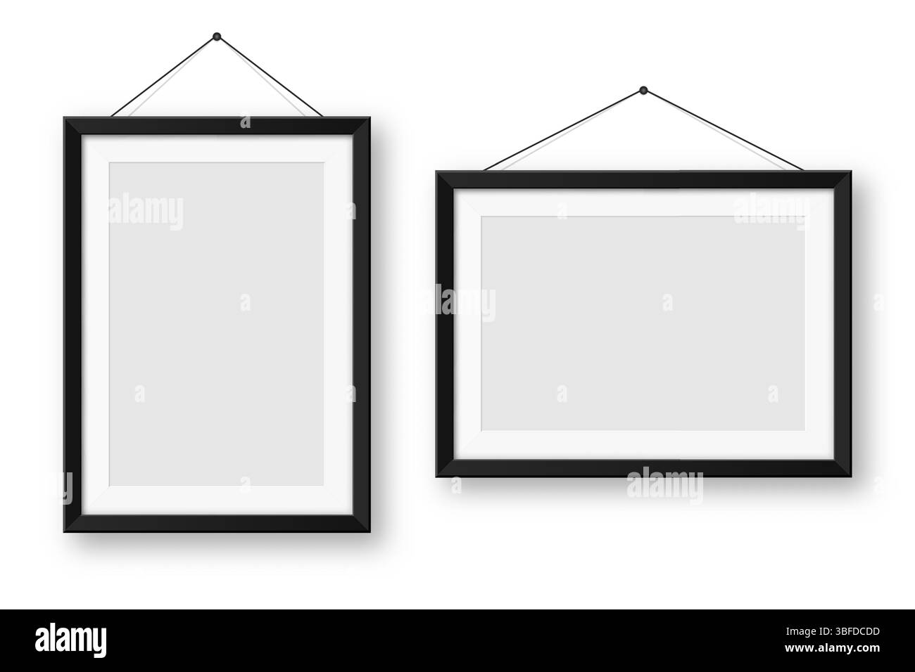 Realistische Sammlung von leeren schwarzen Bilderrahmen. Modernes Postermockup für Kunstwerke, Fotografien oder Werbung. Perfekt für Kunstgalerien und Innenräume Stock Vektor