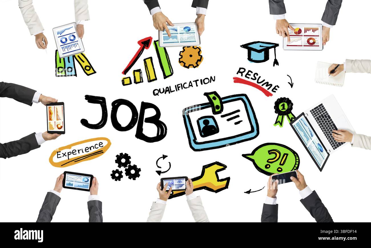 Gruppe von Personen mit Geräten in Händen arbeiten zusammen als Symbol der Vernetzung und Kommunikation Stockfoto