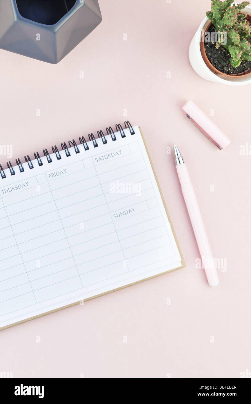Ansicht von oben flach von Arbeitsbereich Schreibtisch gestalteten Design Büromaterial und Kakteen Sukkulenten mit Kopie Raum tausendjährigen rosa Farbe Papier Hintergrund minderen Stockfoto