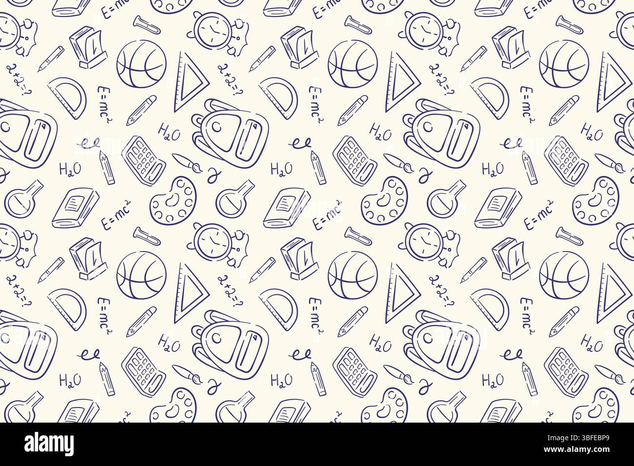 Nahtloses Muster im Back-to-School-Stil. Handgezeichnetes stationäres Illustrationsdesign auf beigefarbenem Hintergrund für Paket, Hintergrund. Stock Vektor