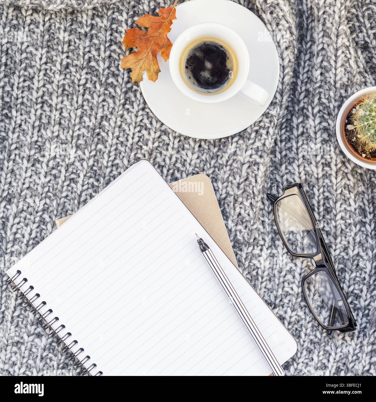 Kreative square Herbst flach overhead Draufsicht stilvolle Home Arbeitsbereich mit Notebook Kaffee Tasse gemütlichen grau gestrickt plaid Background Copy space. Fallen Stockfoto