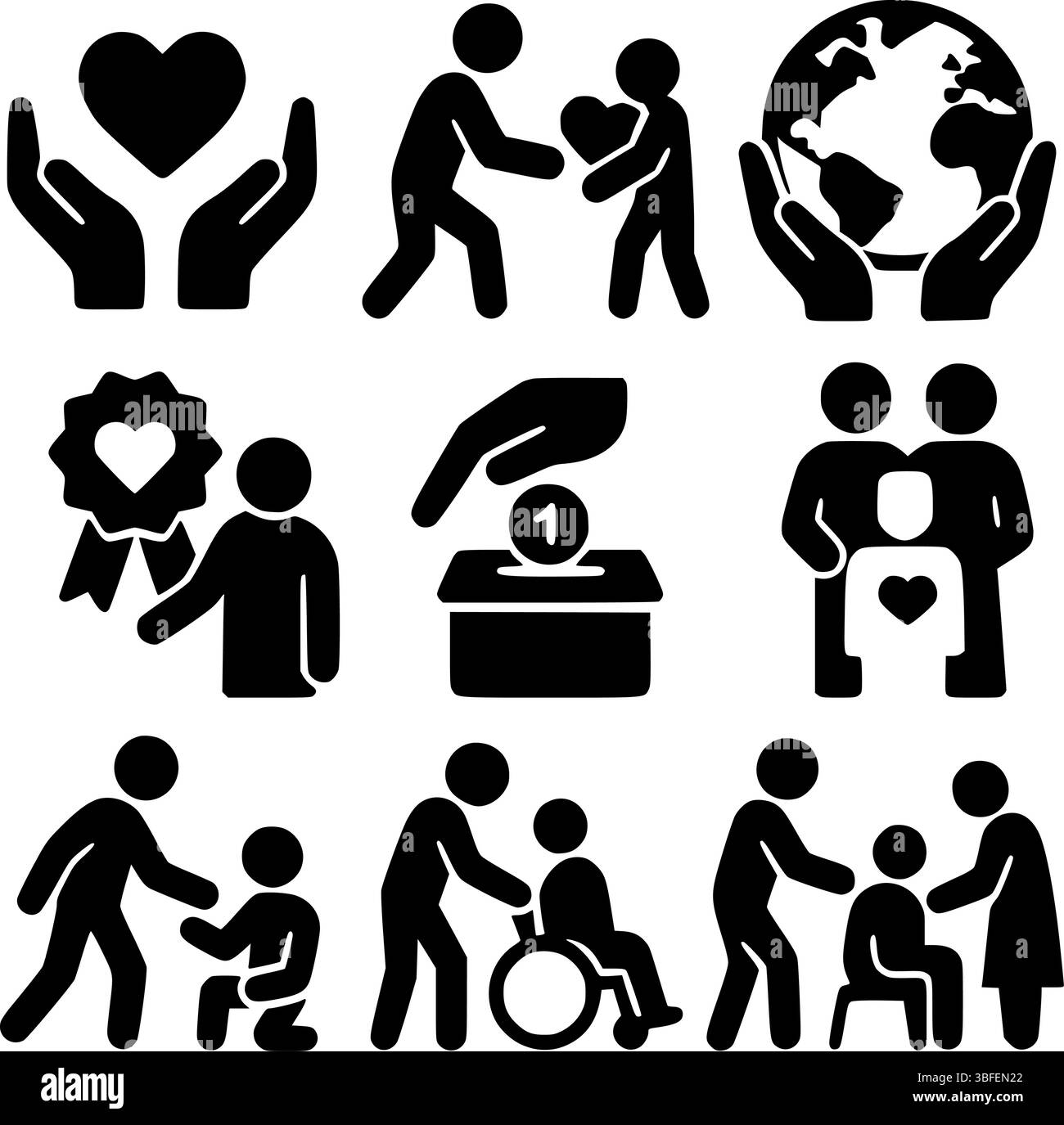 Charity, Care, and Support Icons – Spende und humanitäre Hilfe Stock Vektor