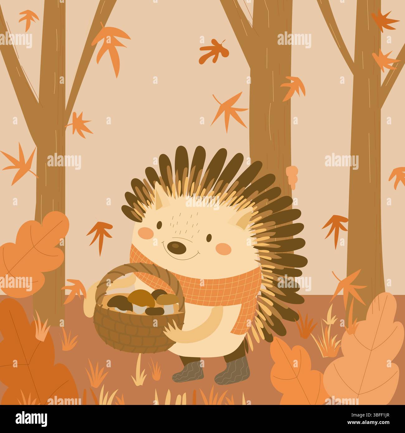 Herbstszene mit Igel mit Korb mit Pilzen, flacher Vektor-Cartoon Stock Vektor