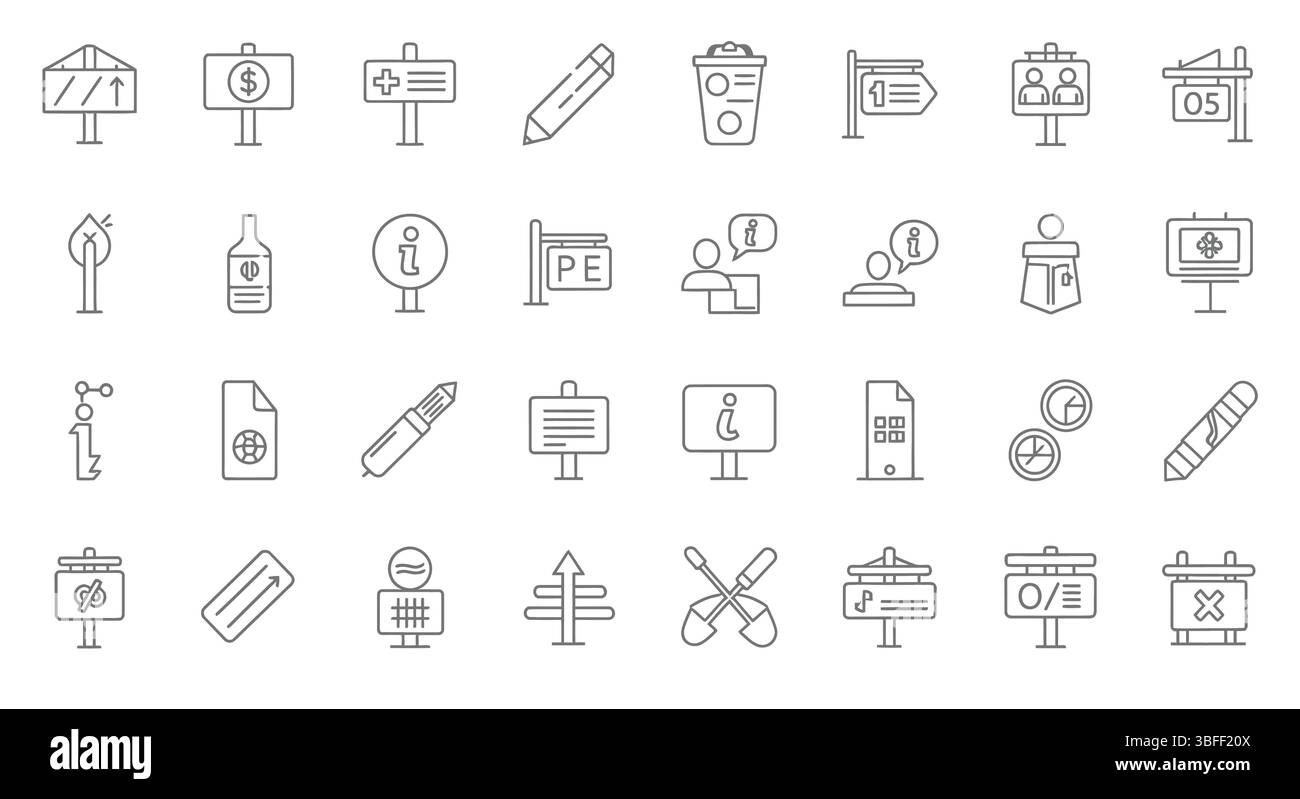 Satz von Vektorsymbolen für lineare Beschilderung, Symbolblatt. Stock Vektor