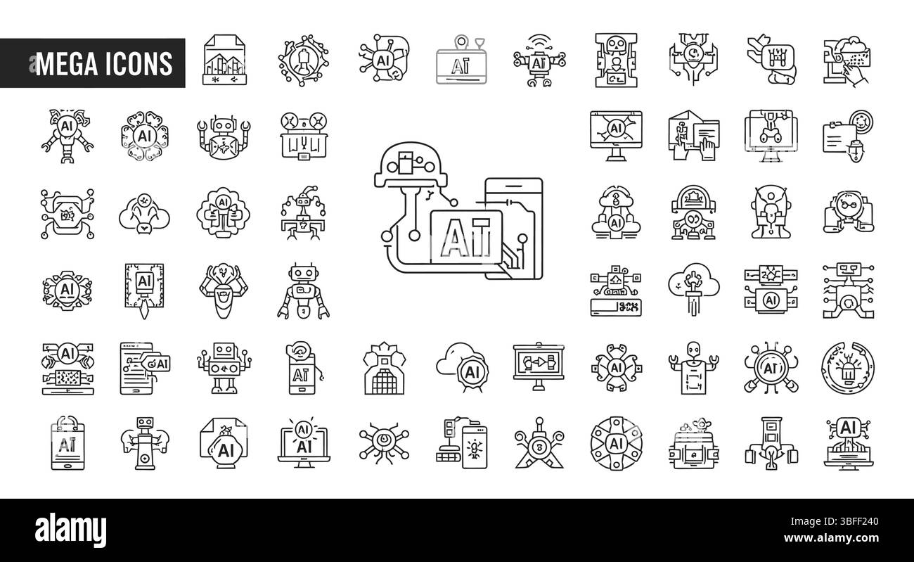 Set von linearen Vektorsymbolen für künstliche Intelligenz, Symbolblatt. Stock Vektor