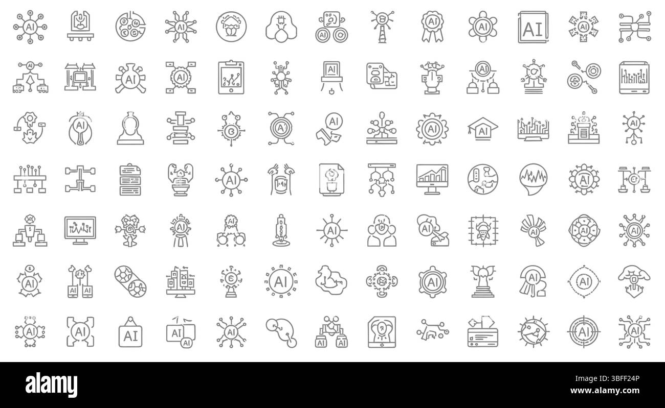 Set von linearen Vektorsymbolen für künstliche Intelligenz, Symbolblatt. Stock Vektor
