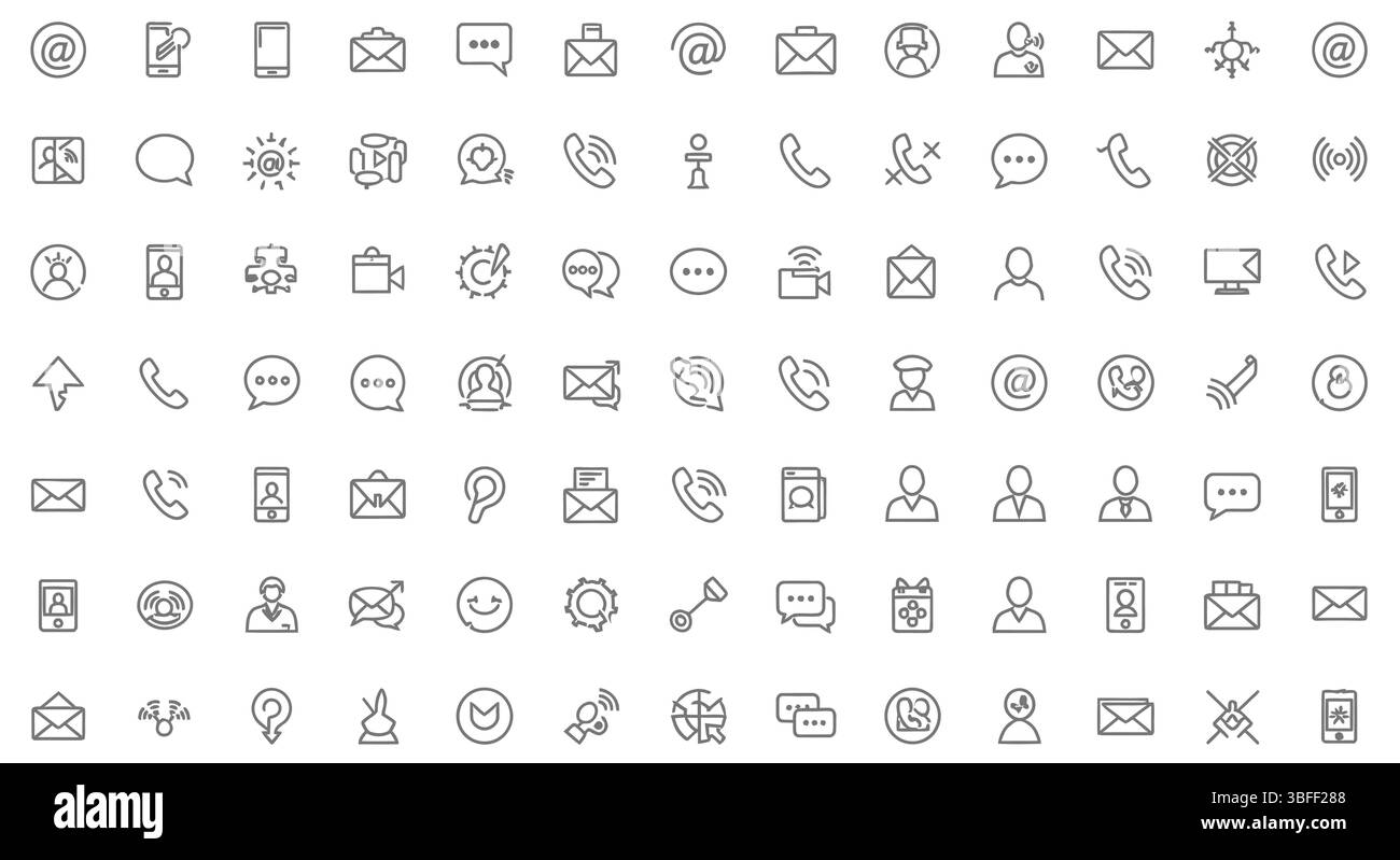 Satz von Vektorsymbolen für lineare Kommunikation, Symbolblatt. Stock Vektor