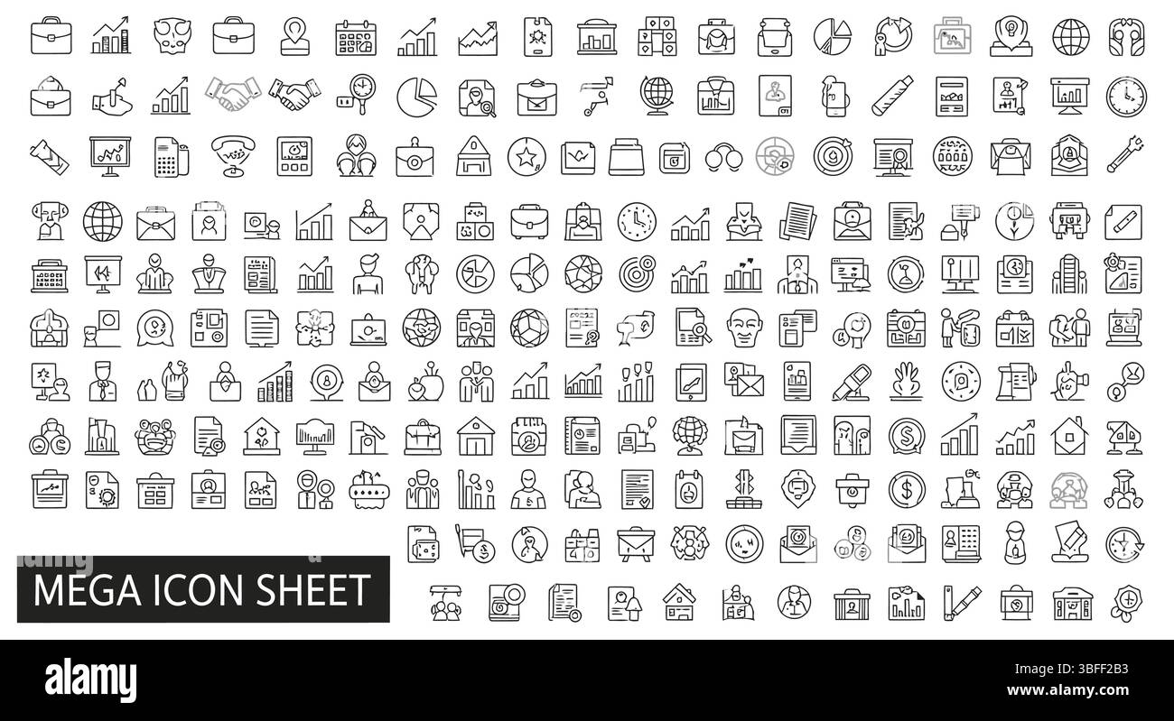 Set von Symbolen für lineare Geschäftsvektoren, Symbolblatt. Stock Vektor