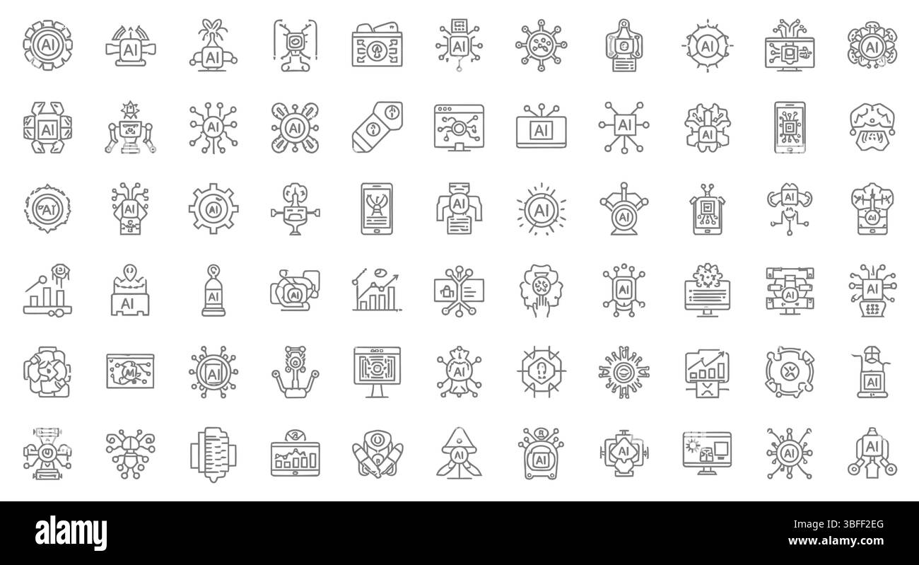 Set von linearen Vektorsymbolen für künstliche Intelligenz, Symbolblatt. Stock Vektor