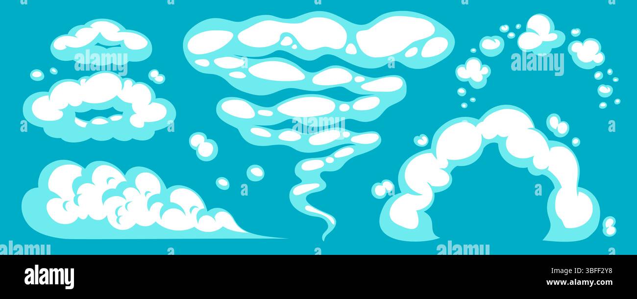 Comic-Comic-Rauchwolkenexplosion mit dynamischen Staubformen und Effekten auf türkisfarbenem Hintergrund. Wolken- und Rauchelemente, Explosion im Comic-Stil Stock Vektor
